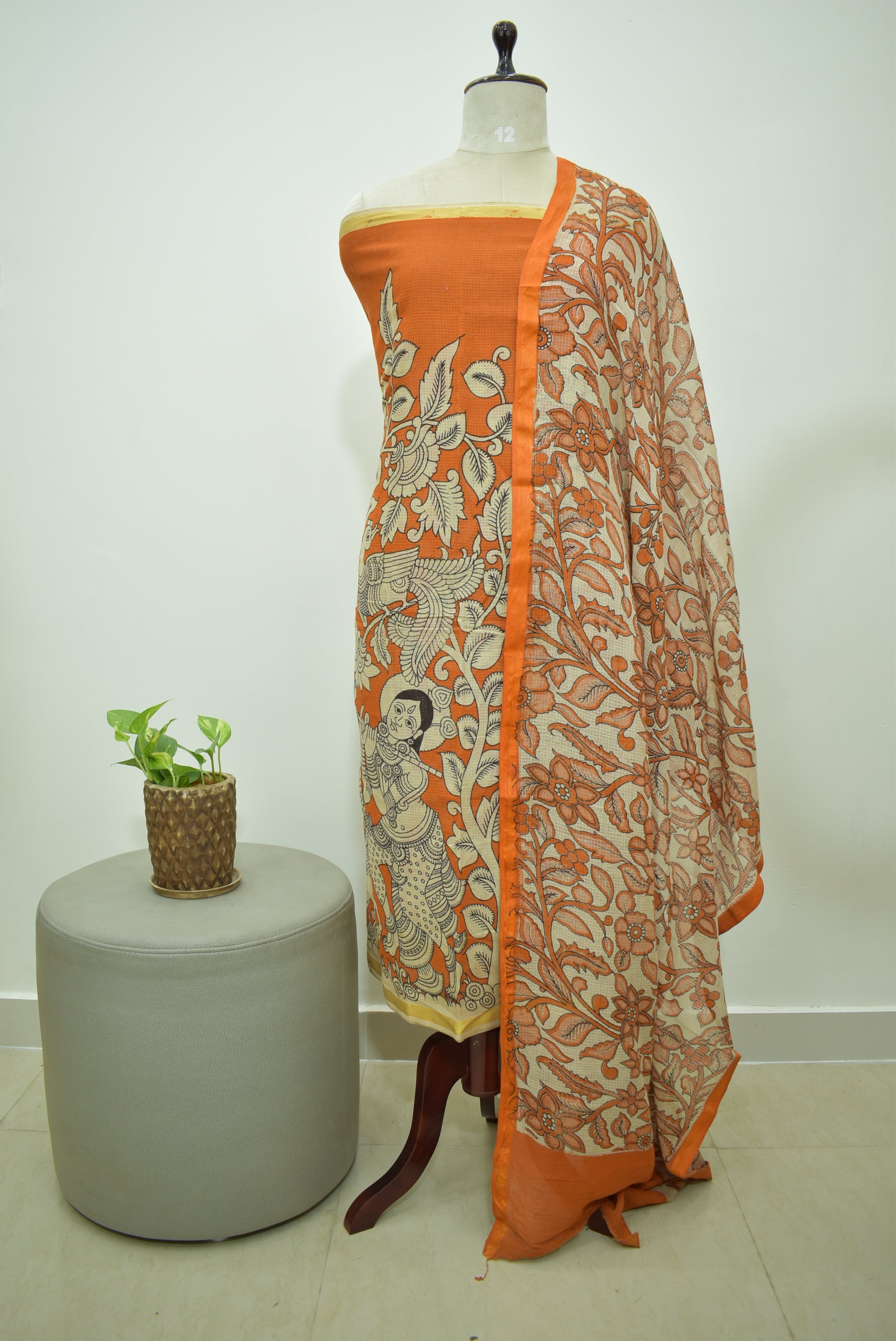 Orange Kalamkari Kota Unstitched Sets