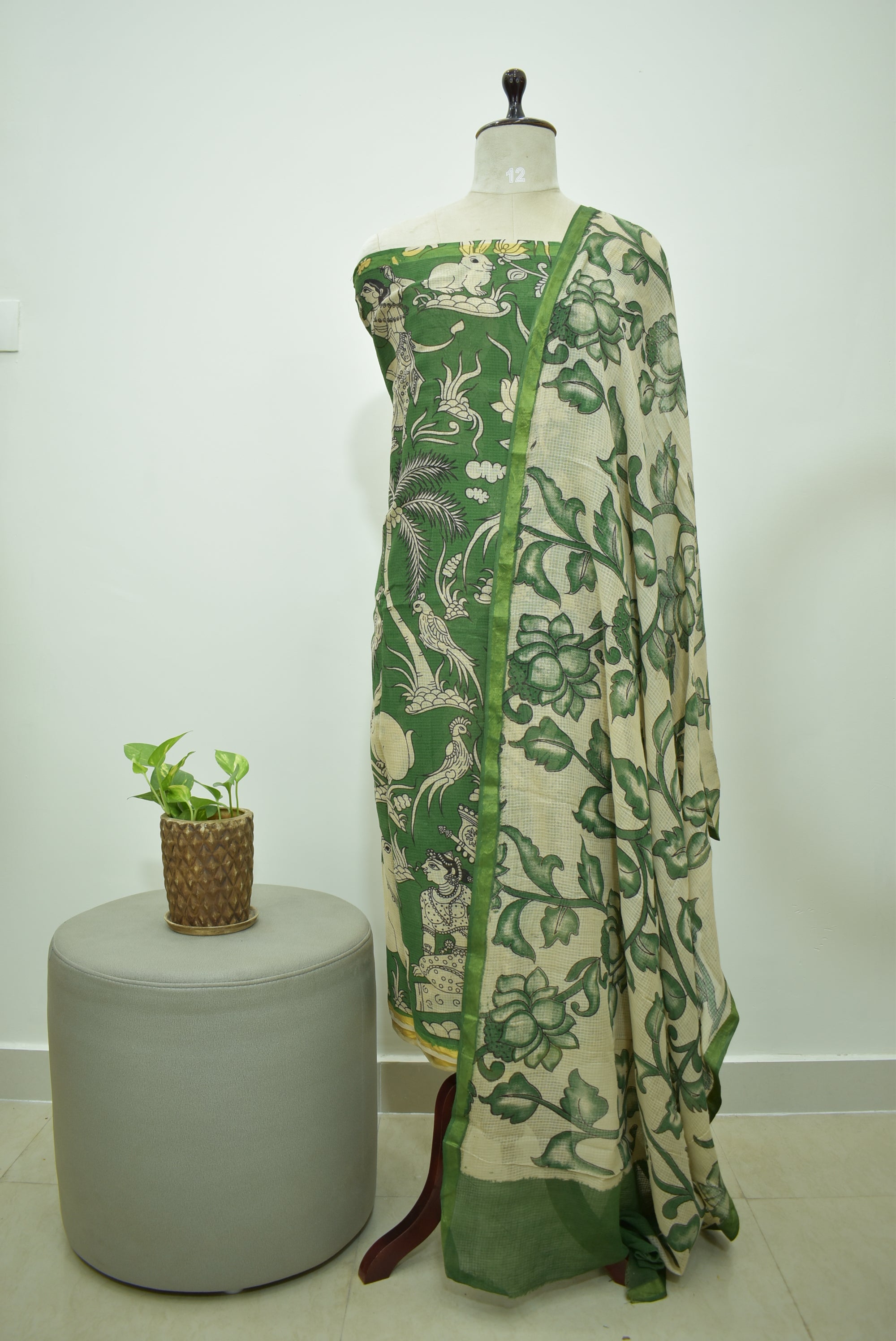 Green Kalamkari Kota Unstitched Sets
