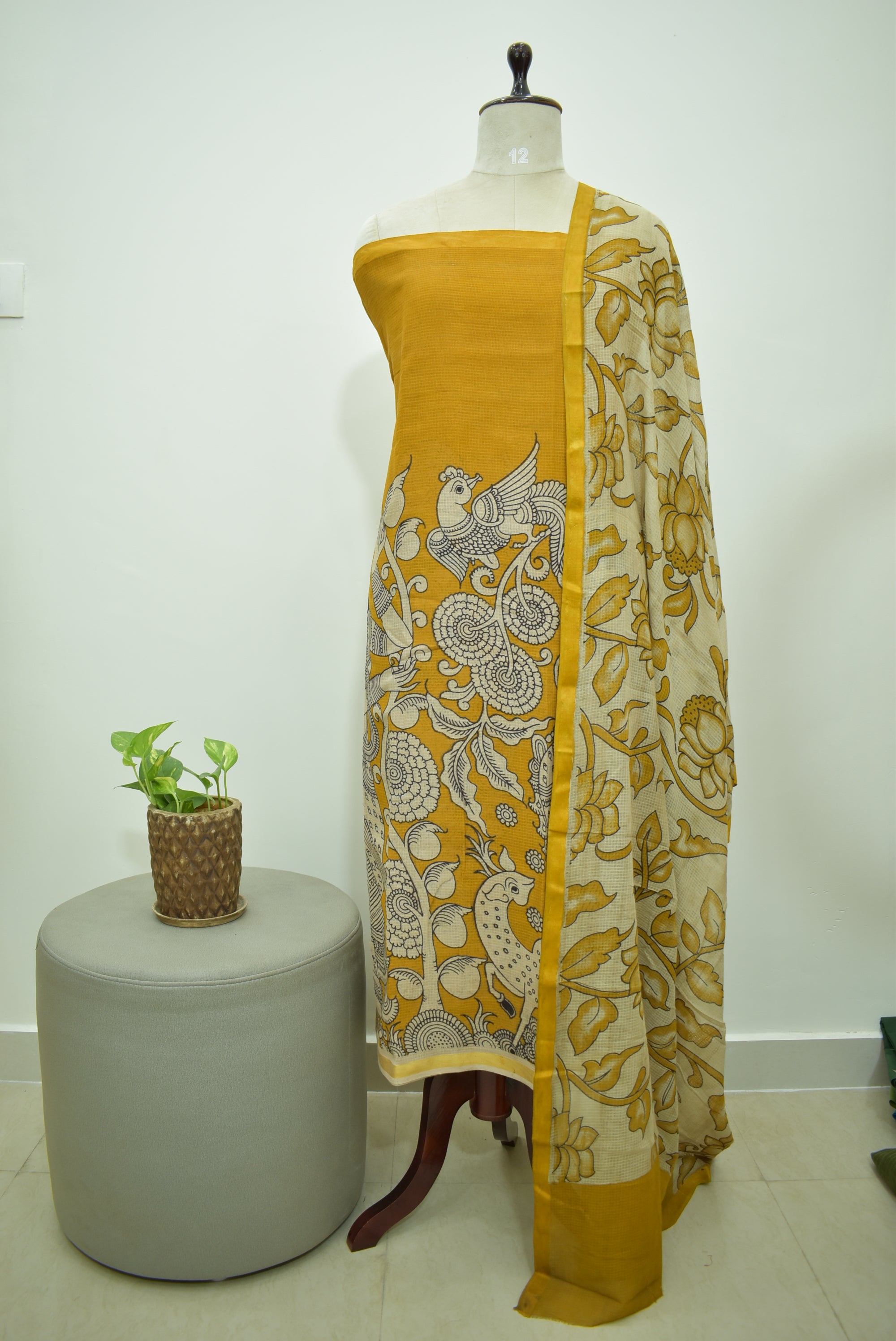 Yellow Kalamkari Kota Unstitched Sets