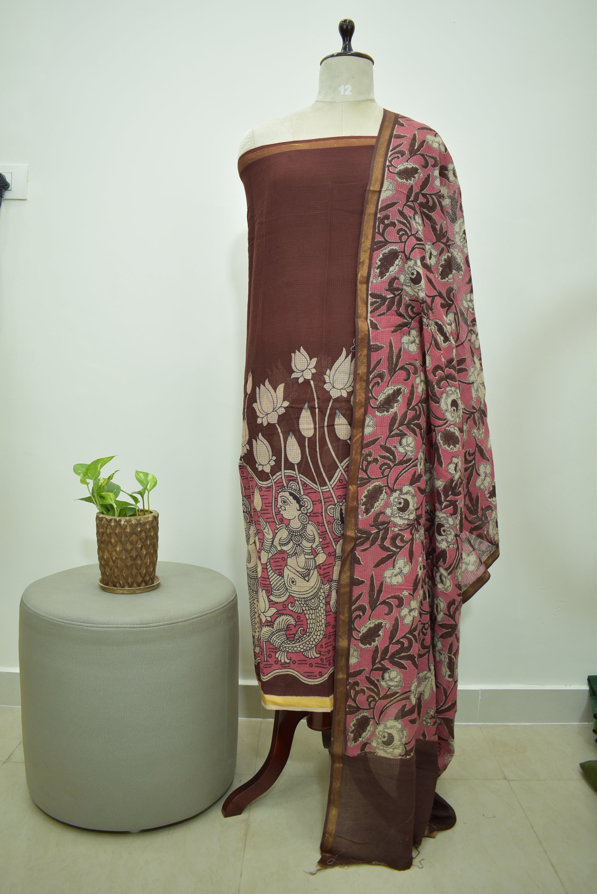 Marron Kalamkari Kota Unstitched Sets