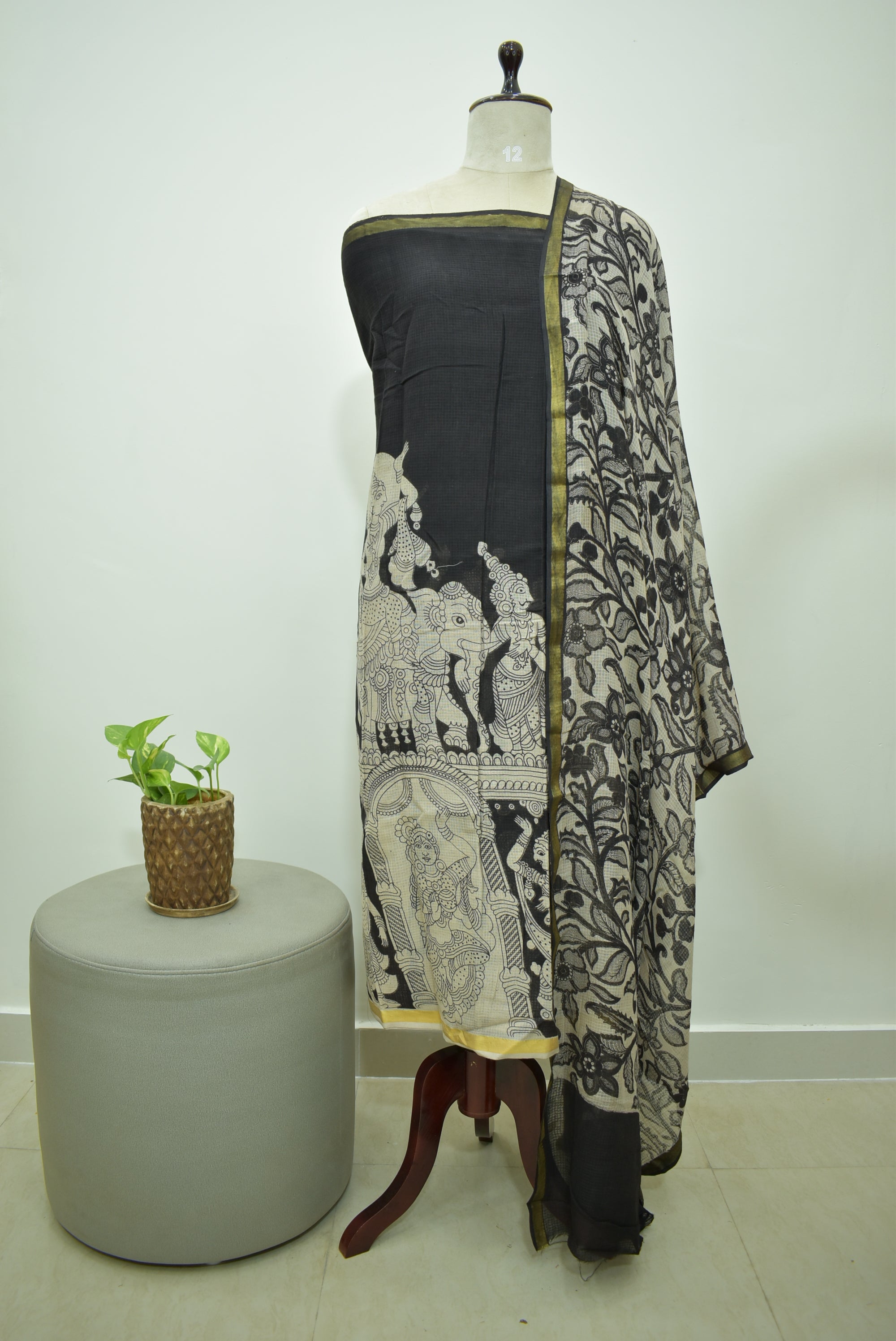 Black Kalamkari Kota Unstitched Sets