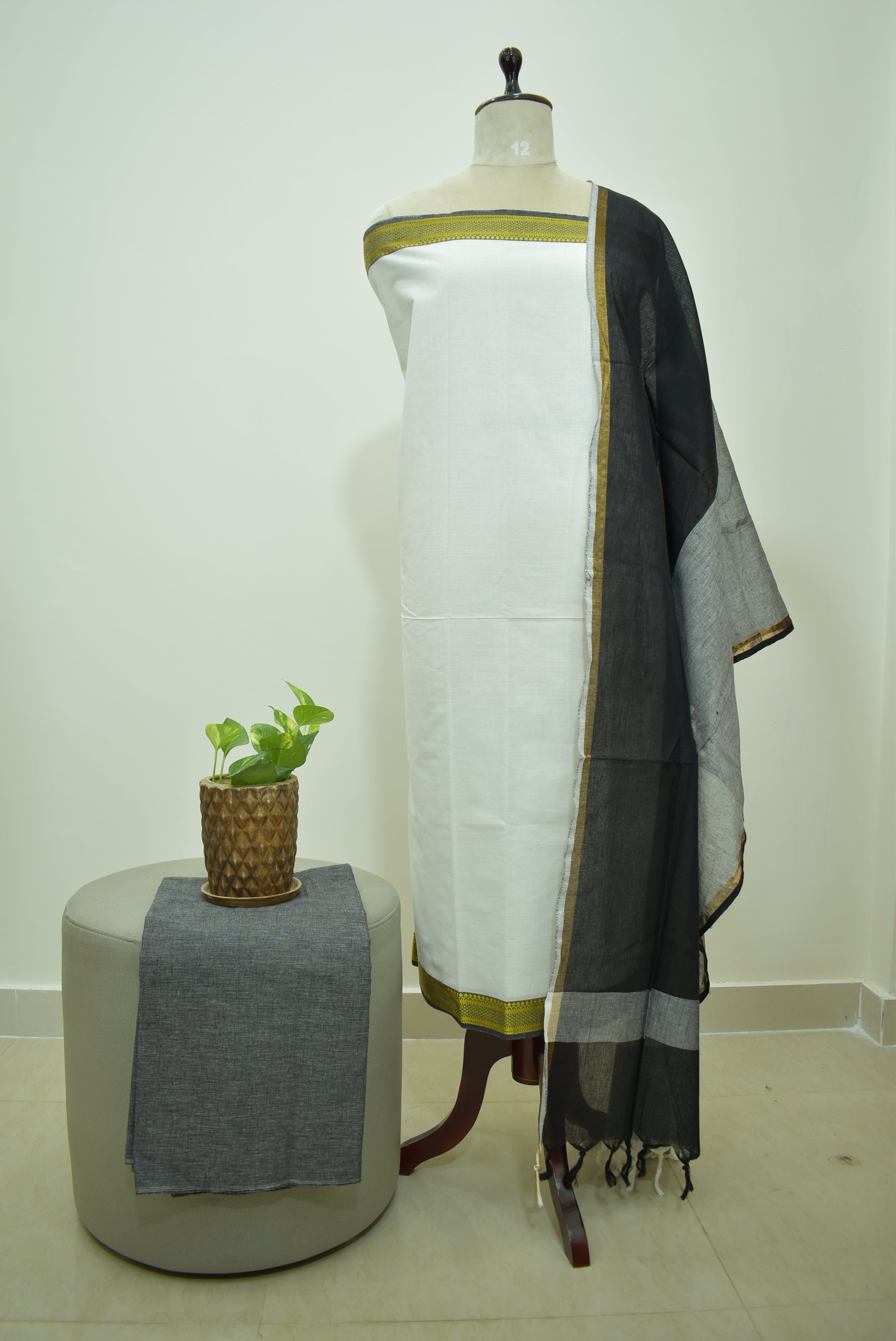 White Black Mangalagiri Cotton 3Pcs Set