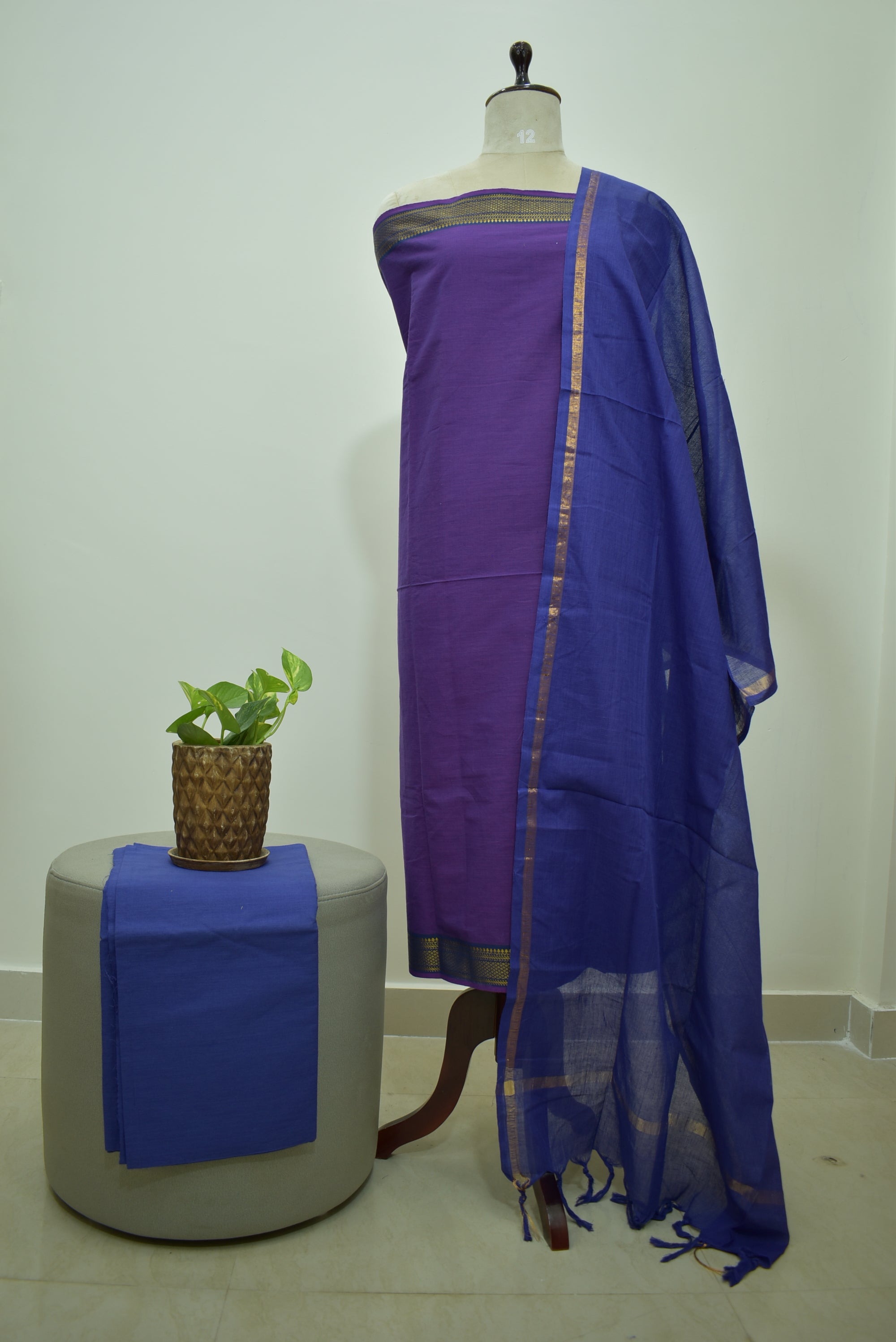Purple Blue Mangalagiri Cotton 3Pcs Set