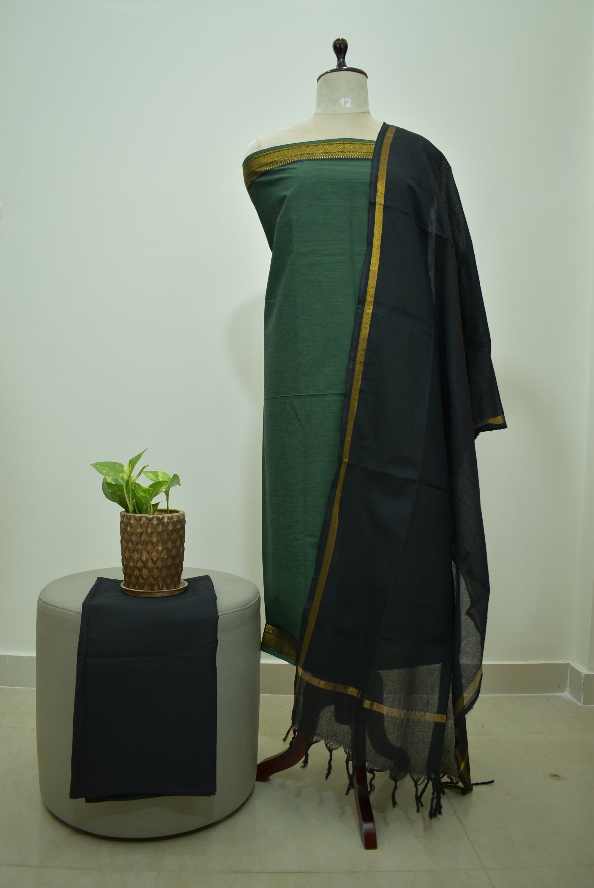 Bottle Green Black Mangalagiri Cotton 3Pcs Set