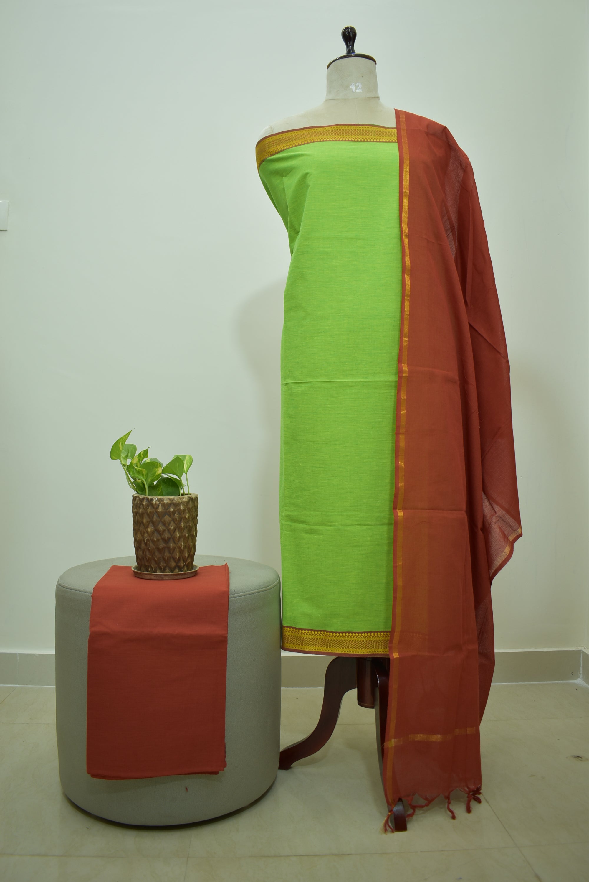 Green Marron Mangalagiri Cotton 3Pcs Set