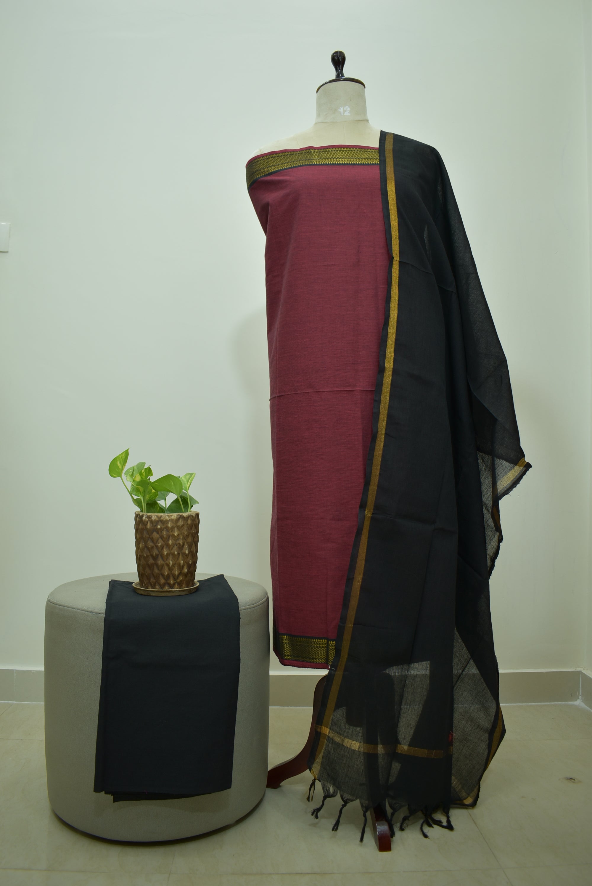 Marron Black Mangalagiri Cotton 3Pcs Set