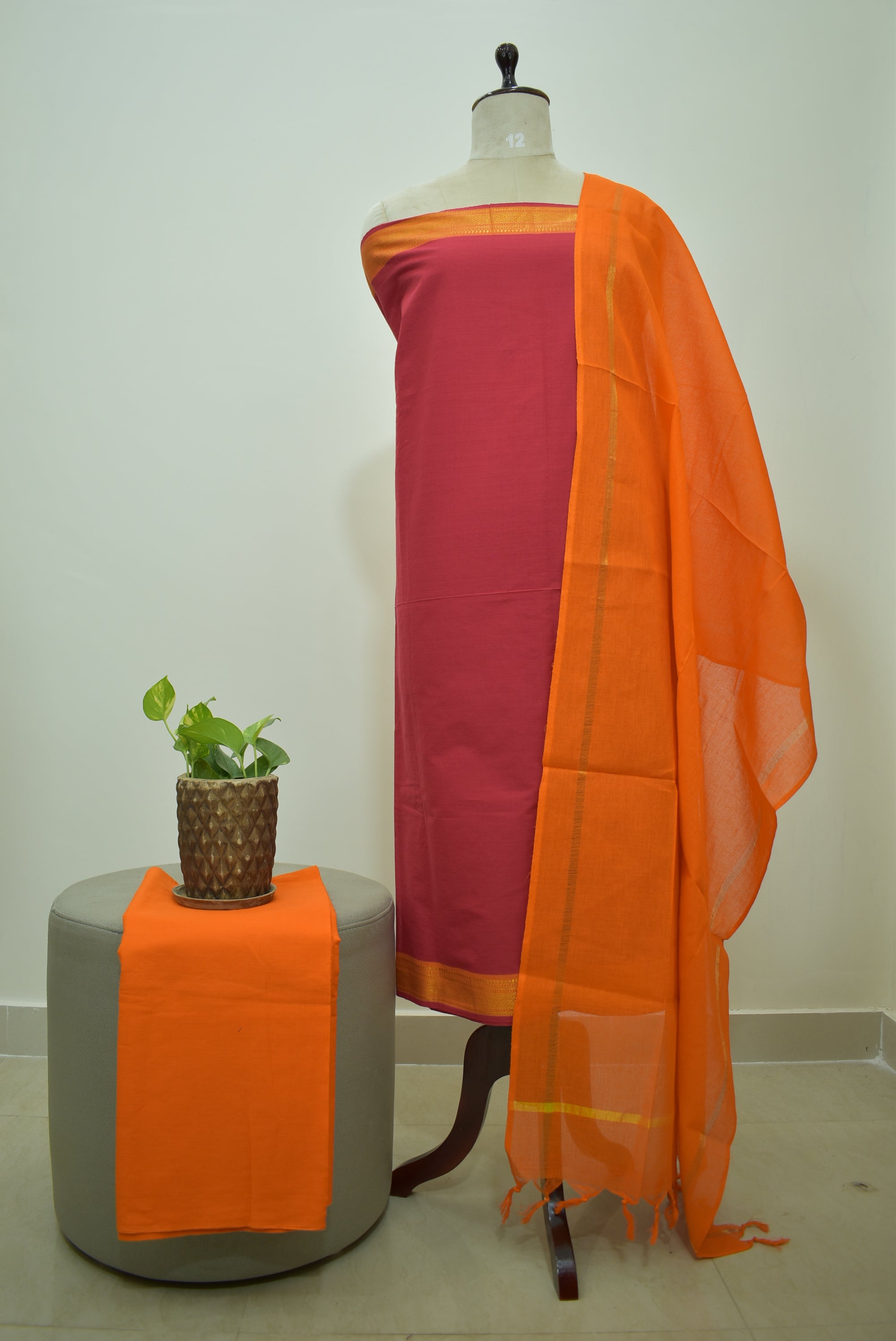 Red Orange Mangalagiri Cotton 3Pcs Set