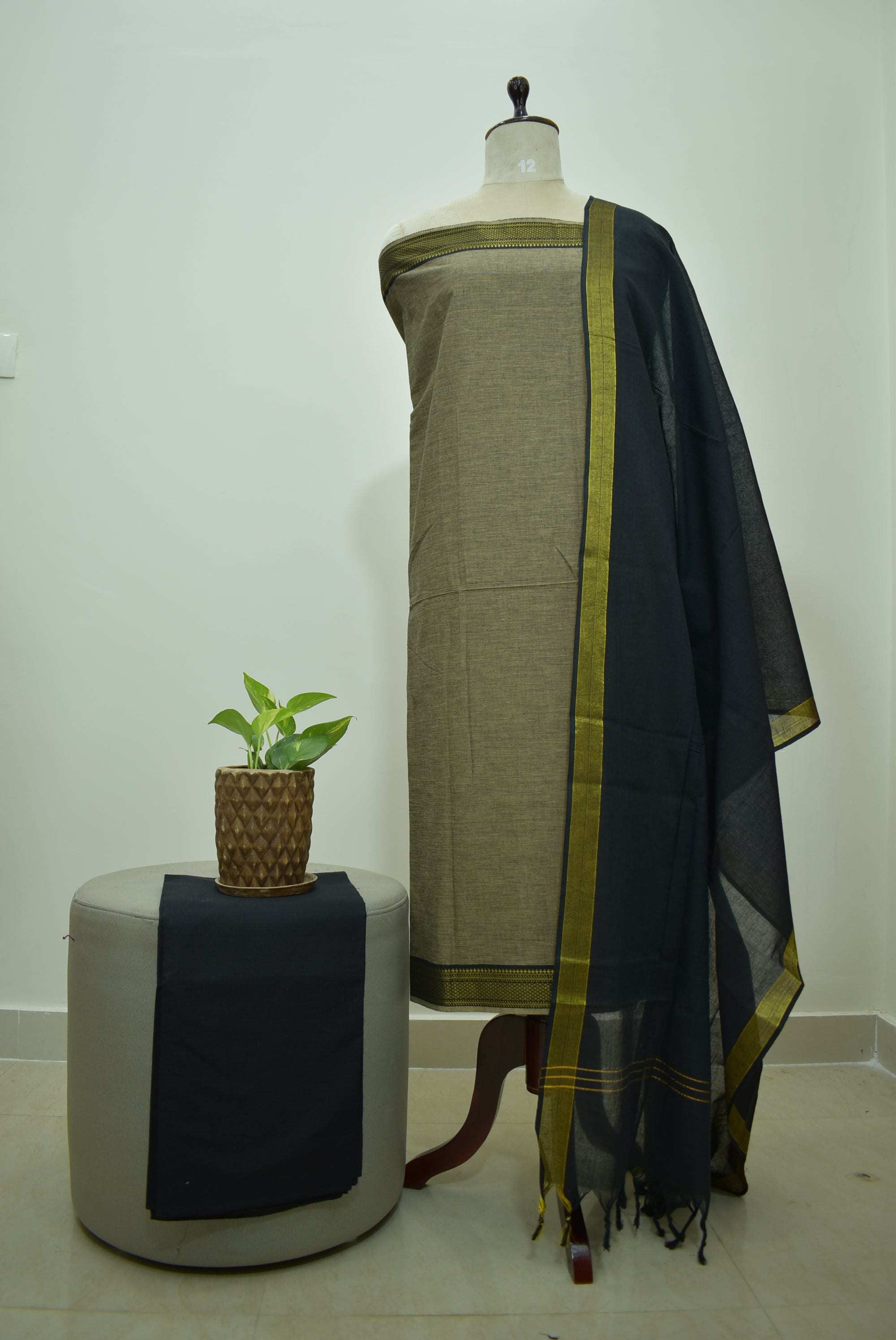 Grey Black Mangalagiri Cotton 3Pcs Set