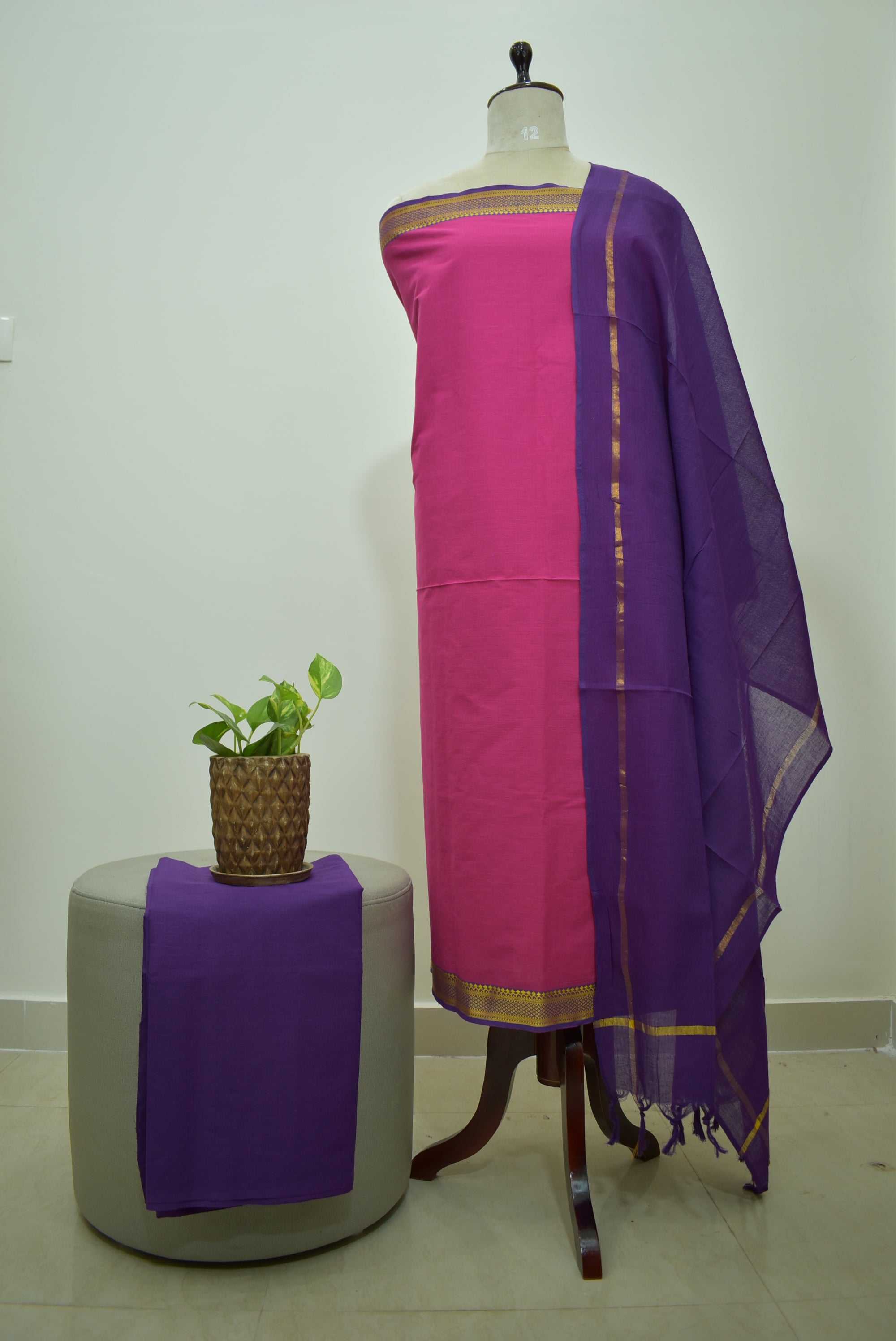 Pink Violet Mangalagiri Cotton 3Pcs Set