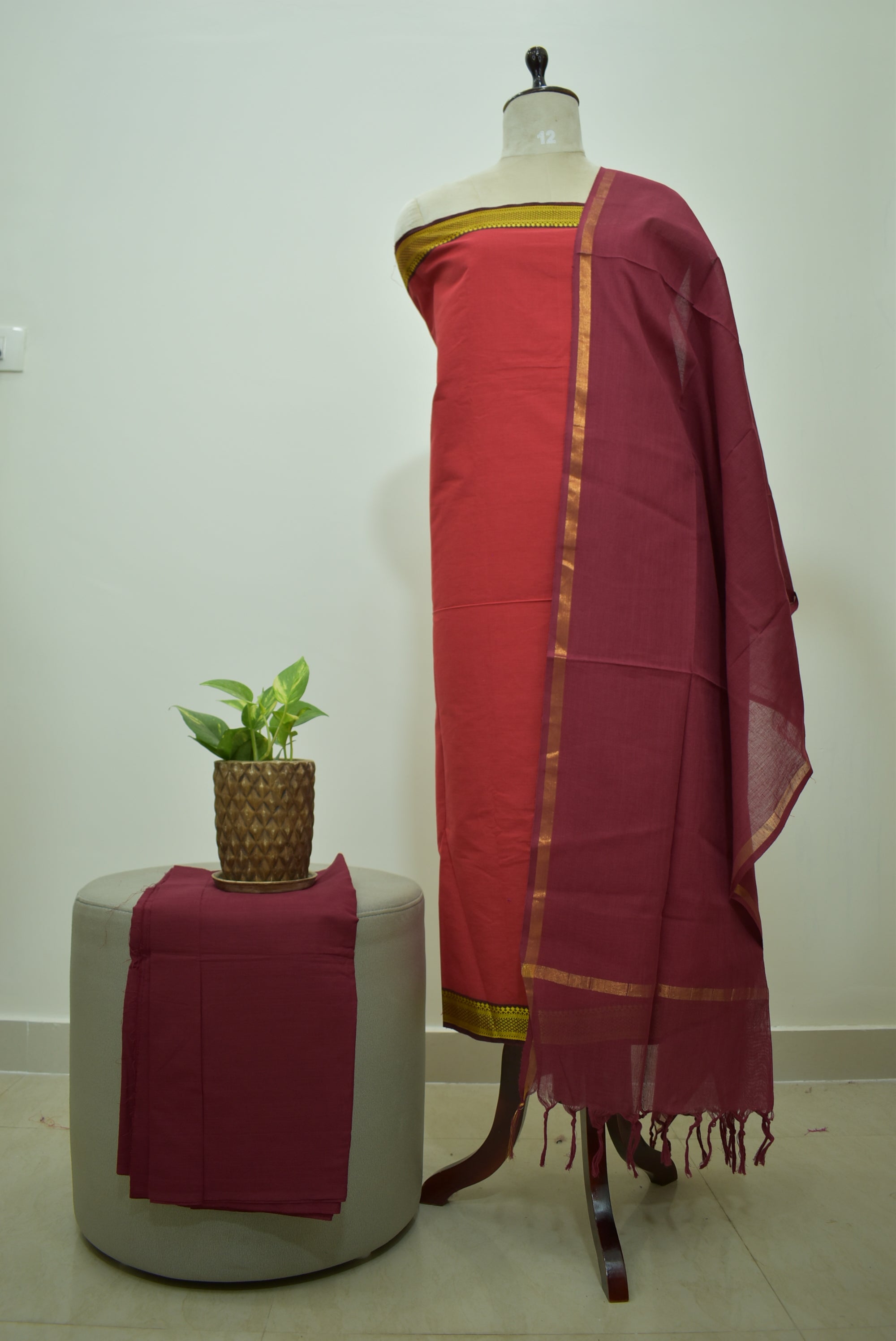 Red Marron Mangalagiri Cotton 3Pcs Set