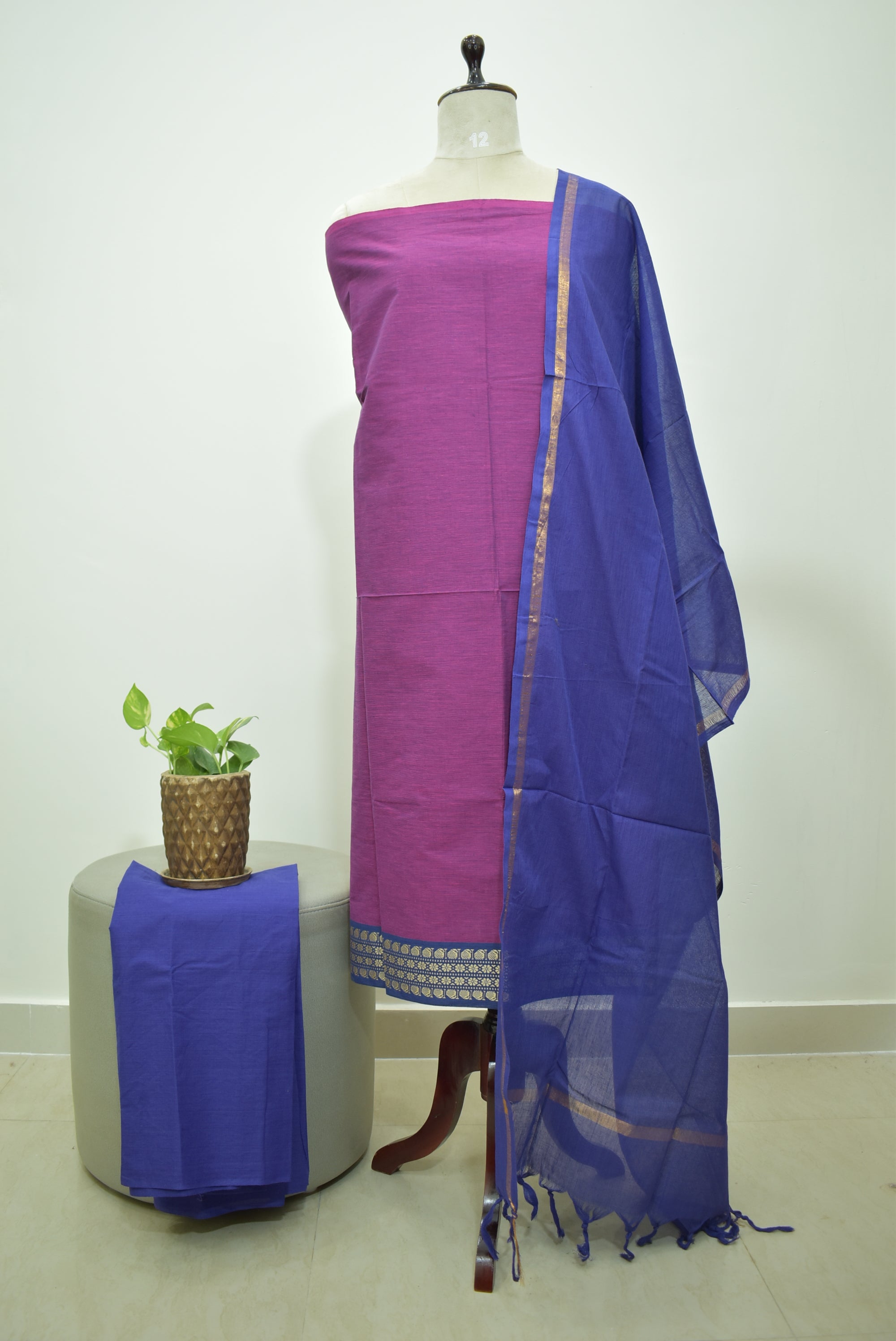 Purple Blue Mangalagiri Cotton 3Pcs Set