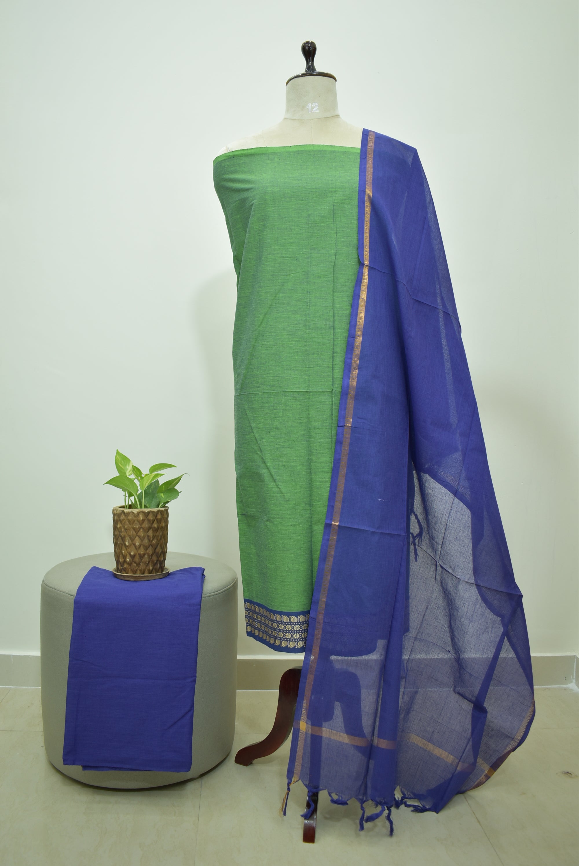 Green Blue Mangalagiri Cotton 3Pcs Set