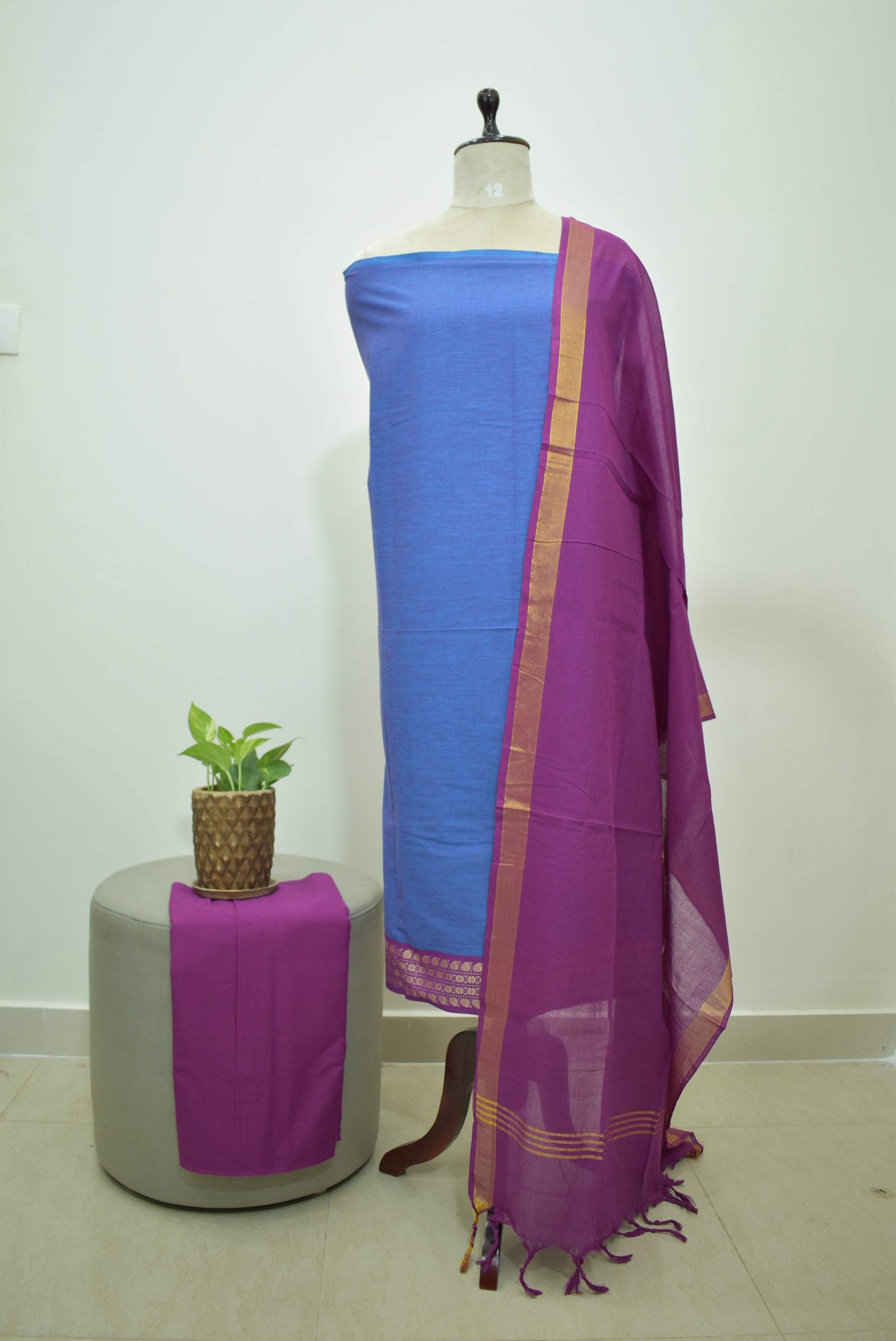 Blue Purple Mangalagiri Cotton 3Pcs Set