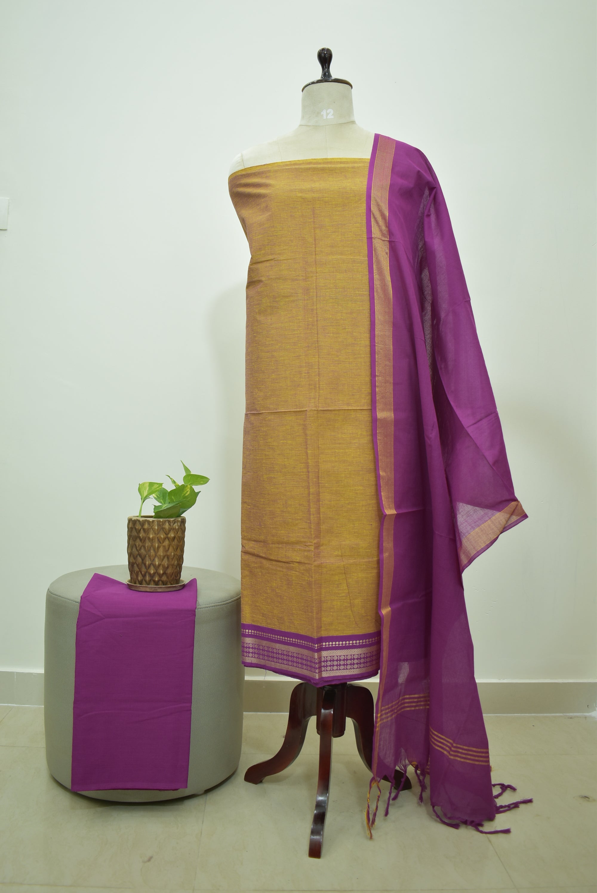 Mustard Pink Mangalagiri Cotton 3Pcs Set