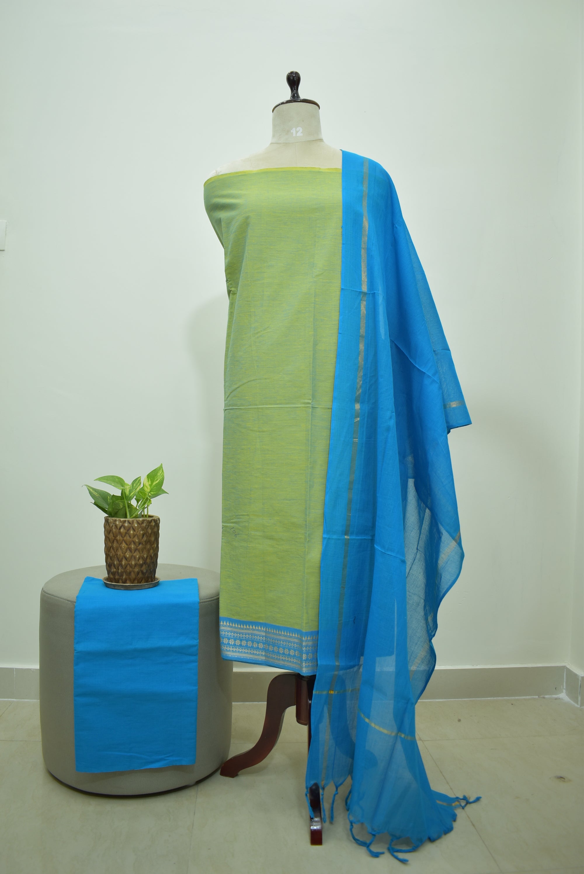 Green Blue Mangalagiri Cotton 3Pcs Set