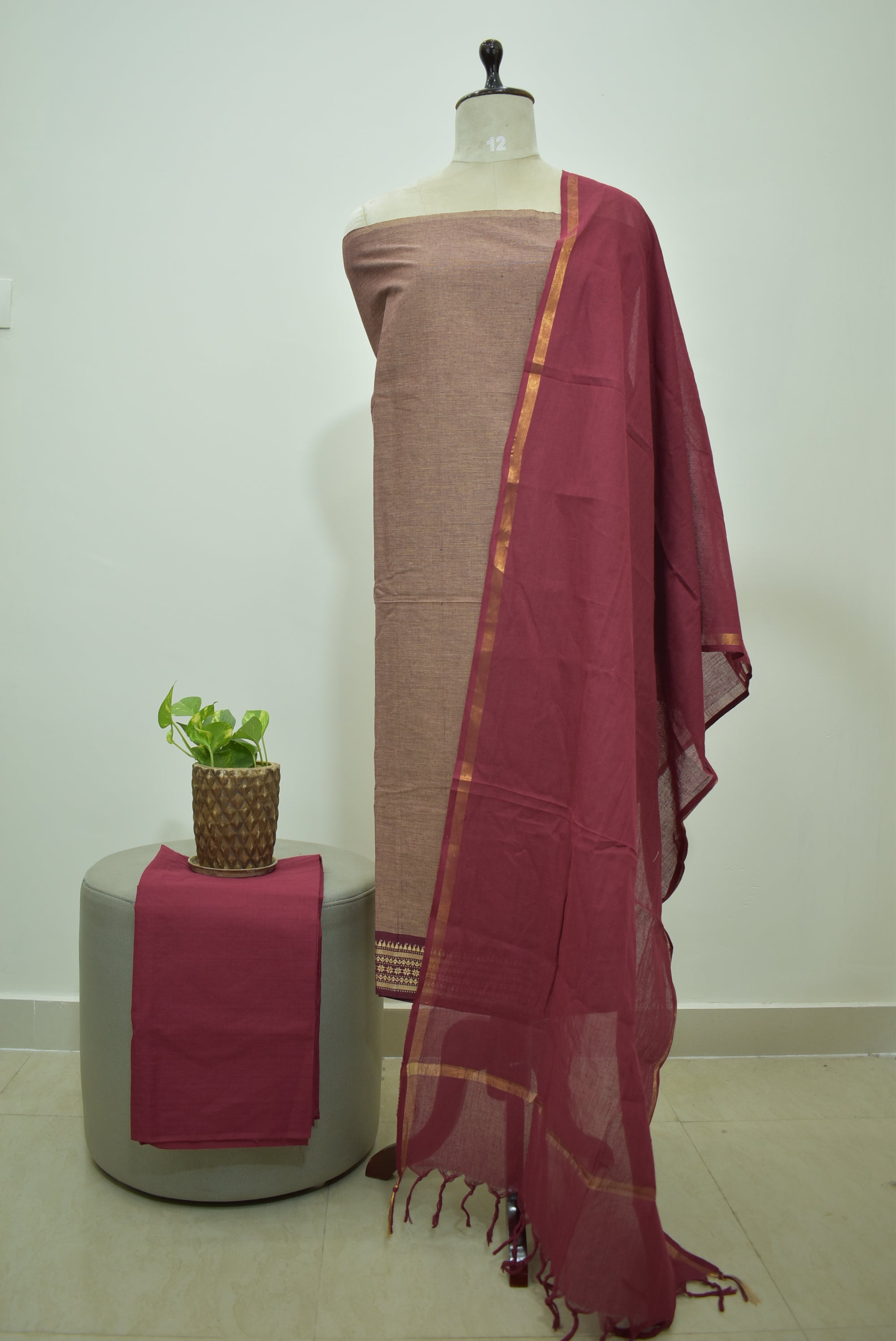 Brown Marron Mangalagiri Cotton 3Pcs Set