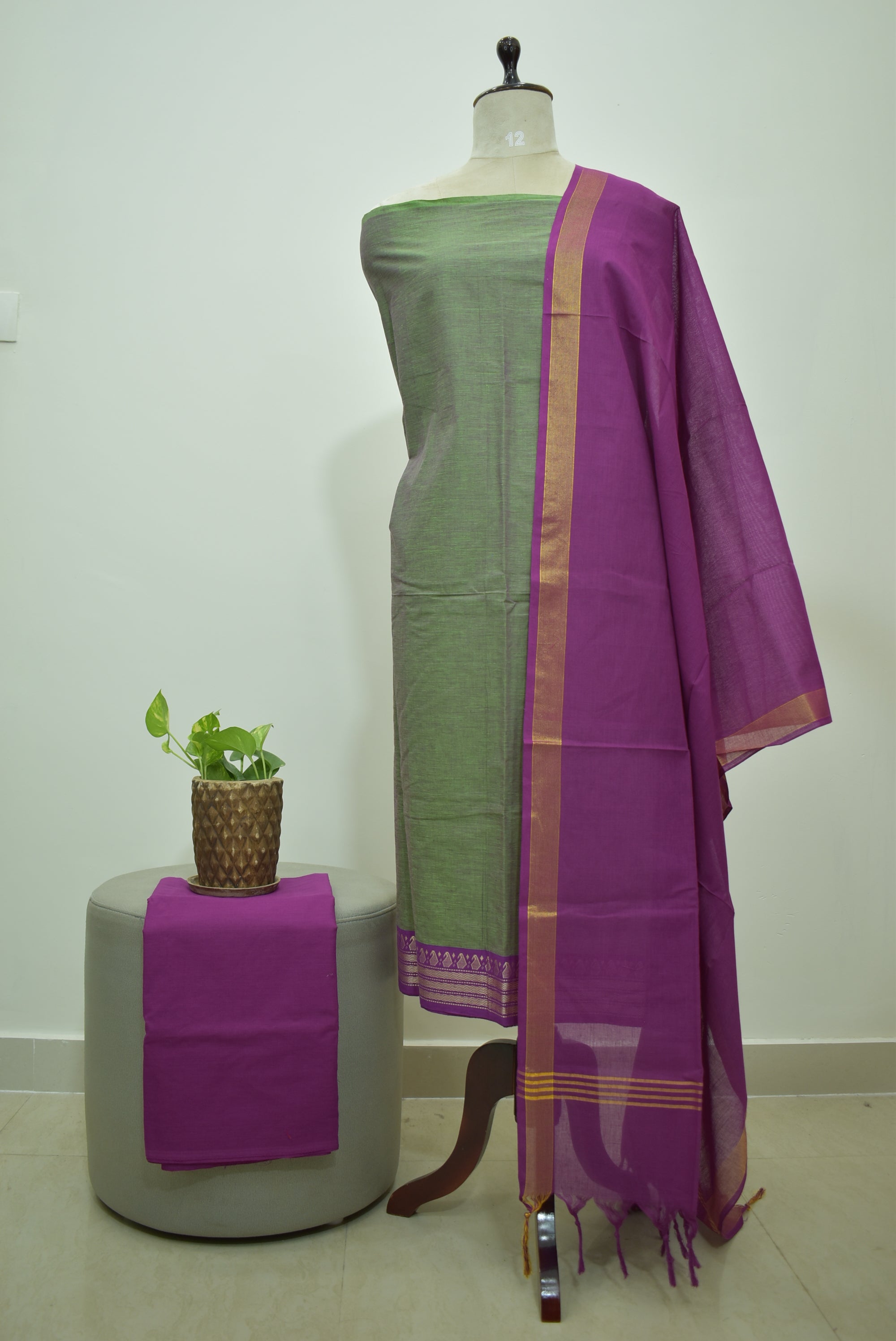 Olive Green Pink Mangalagiri Cotton 3Pcs Set