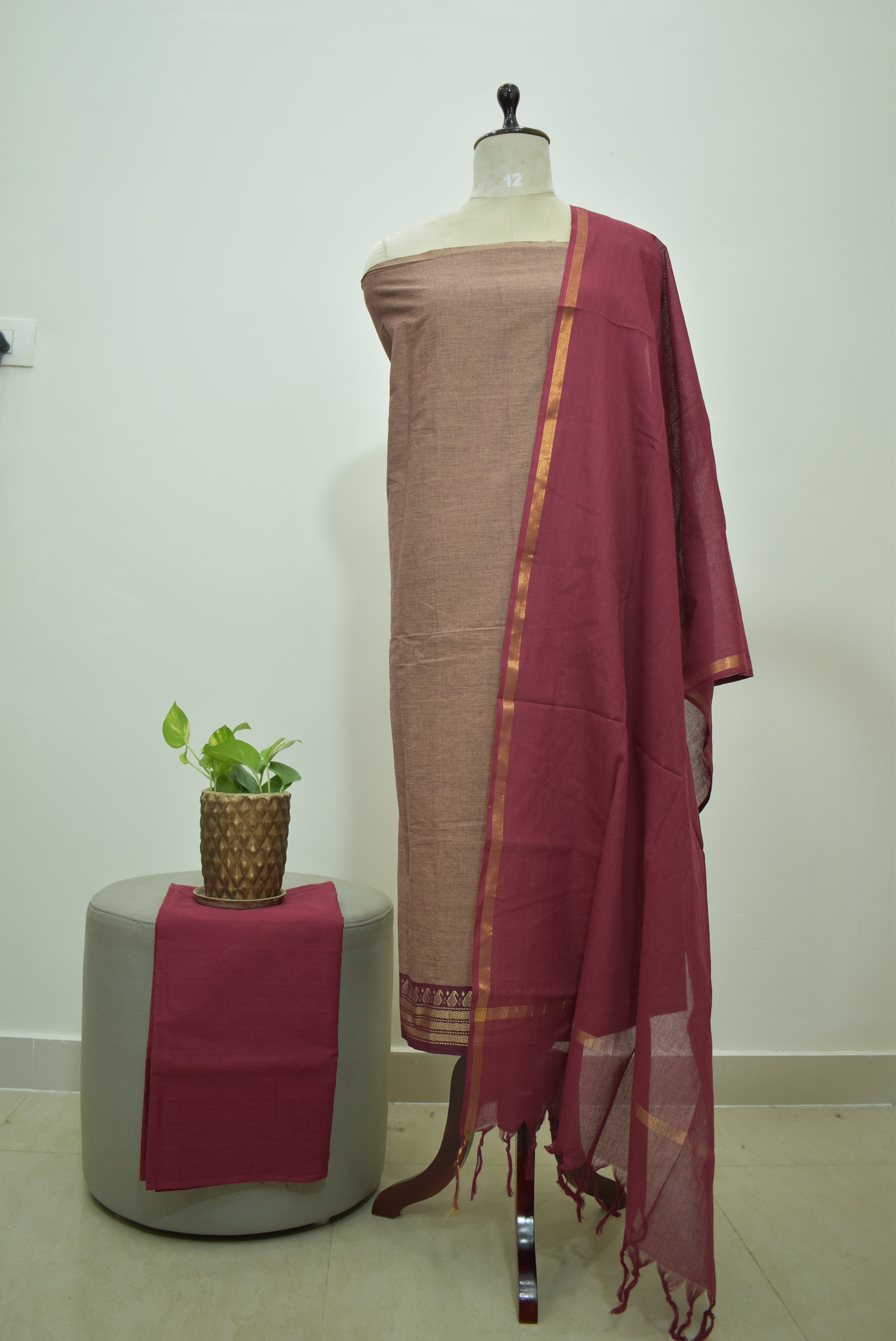 Brown Marron Mangalagiri Cotton 3Pcs Set