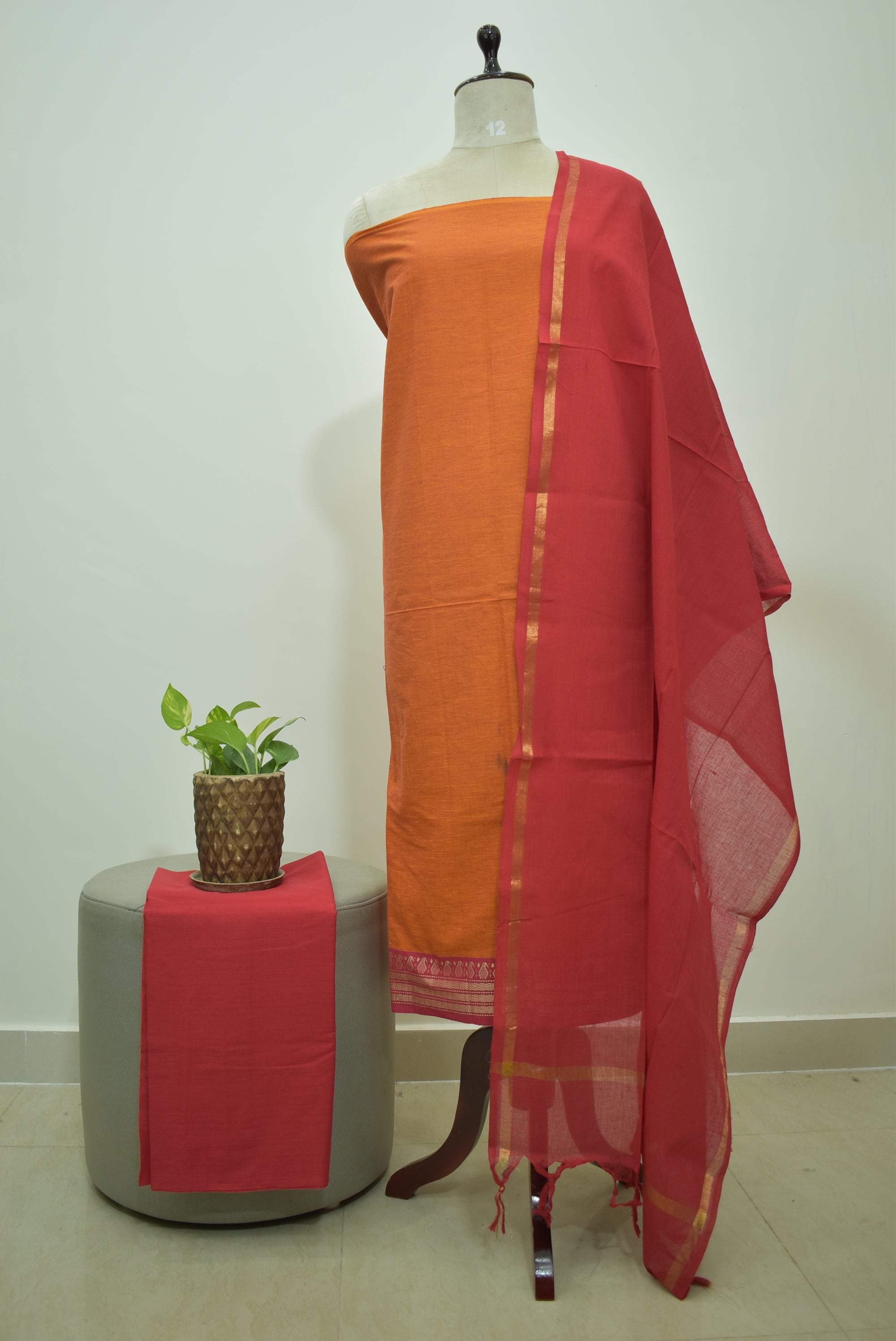 Yellow Orange Mangalagiri Cotton 3Pcs Set