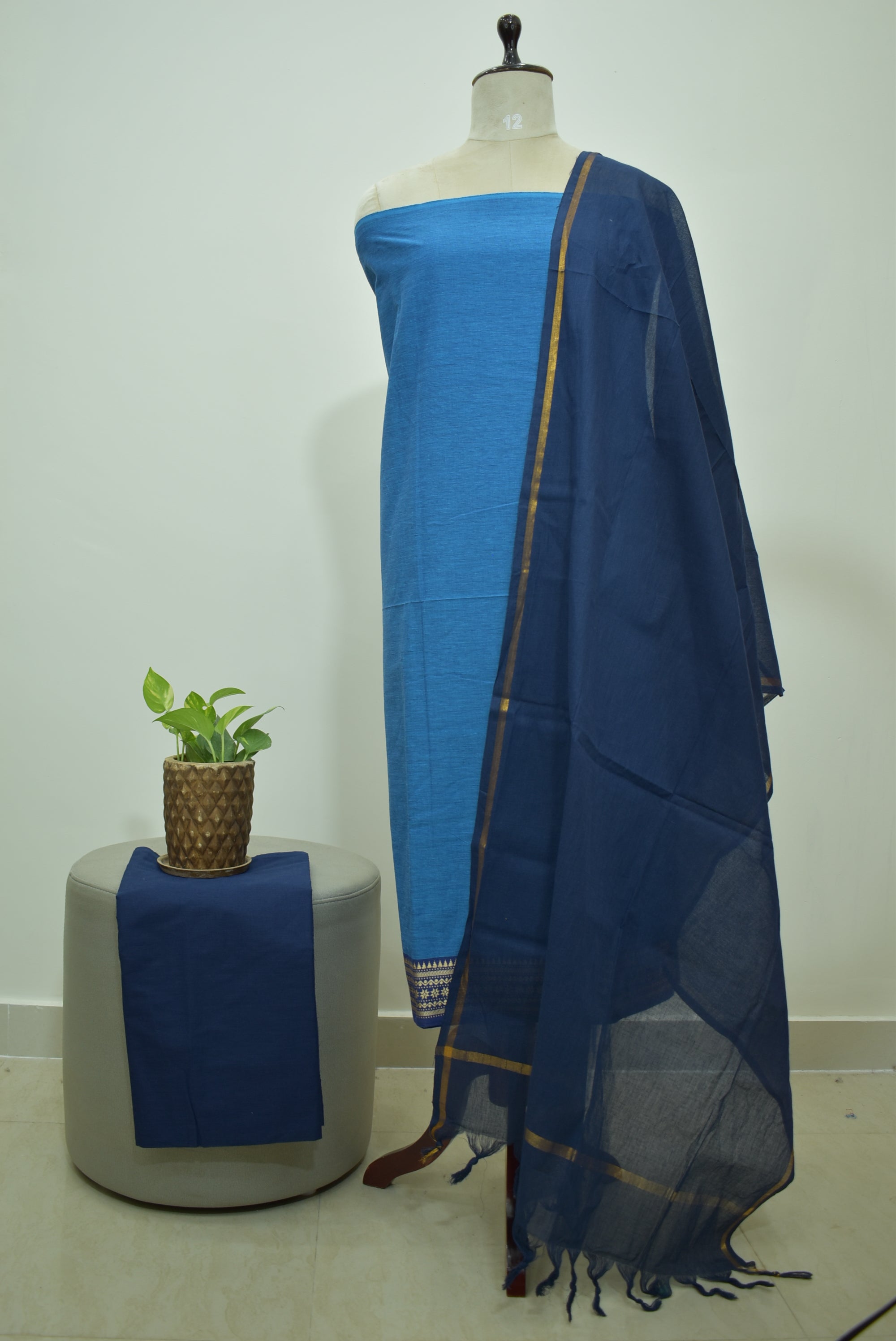 Blue Mangalagiri Cotton 3Pcs Set