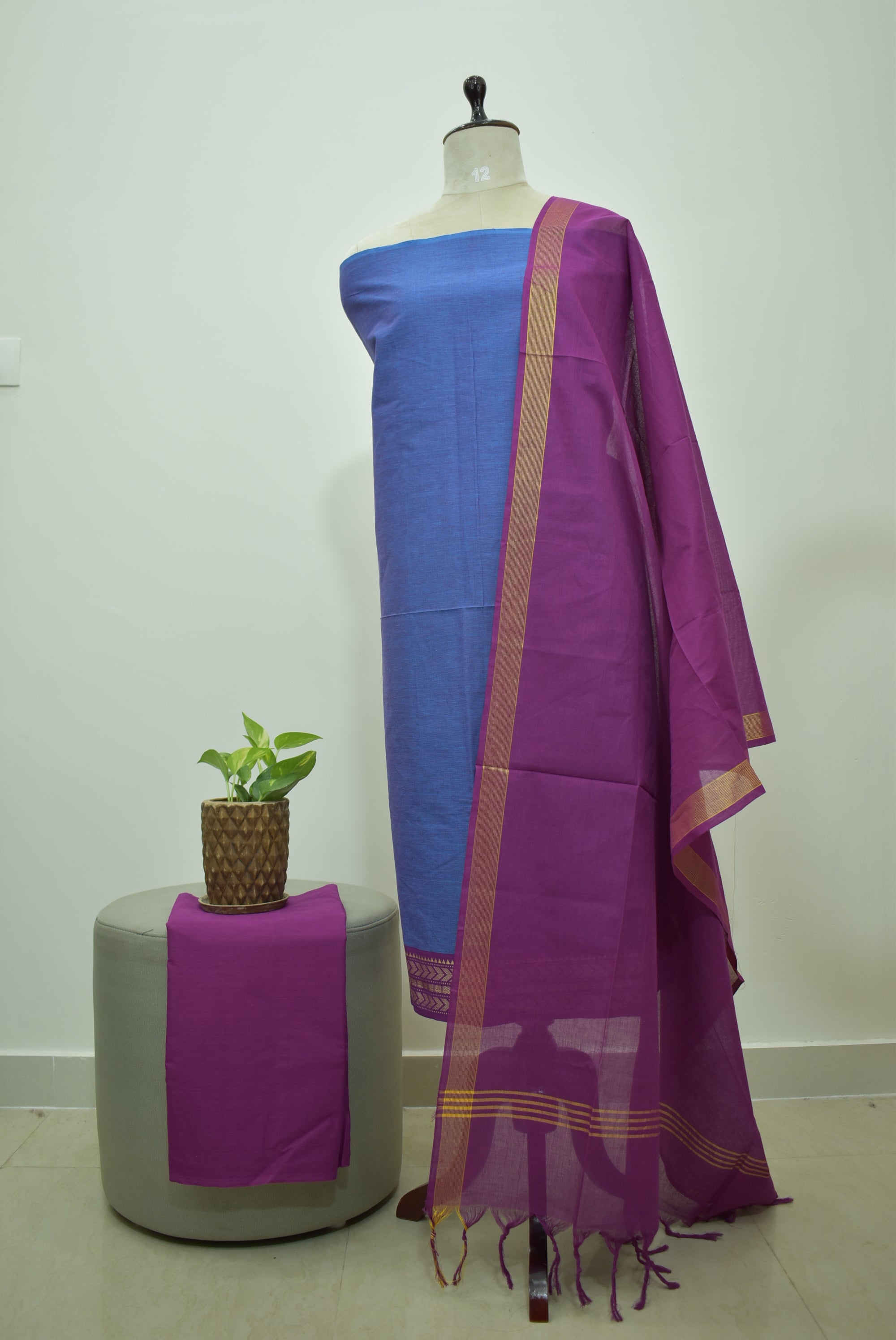 Blue Purple Mangalagiri Cotton 3Pcs Set