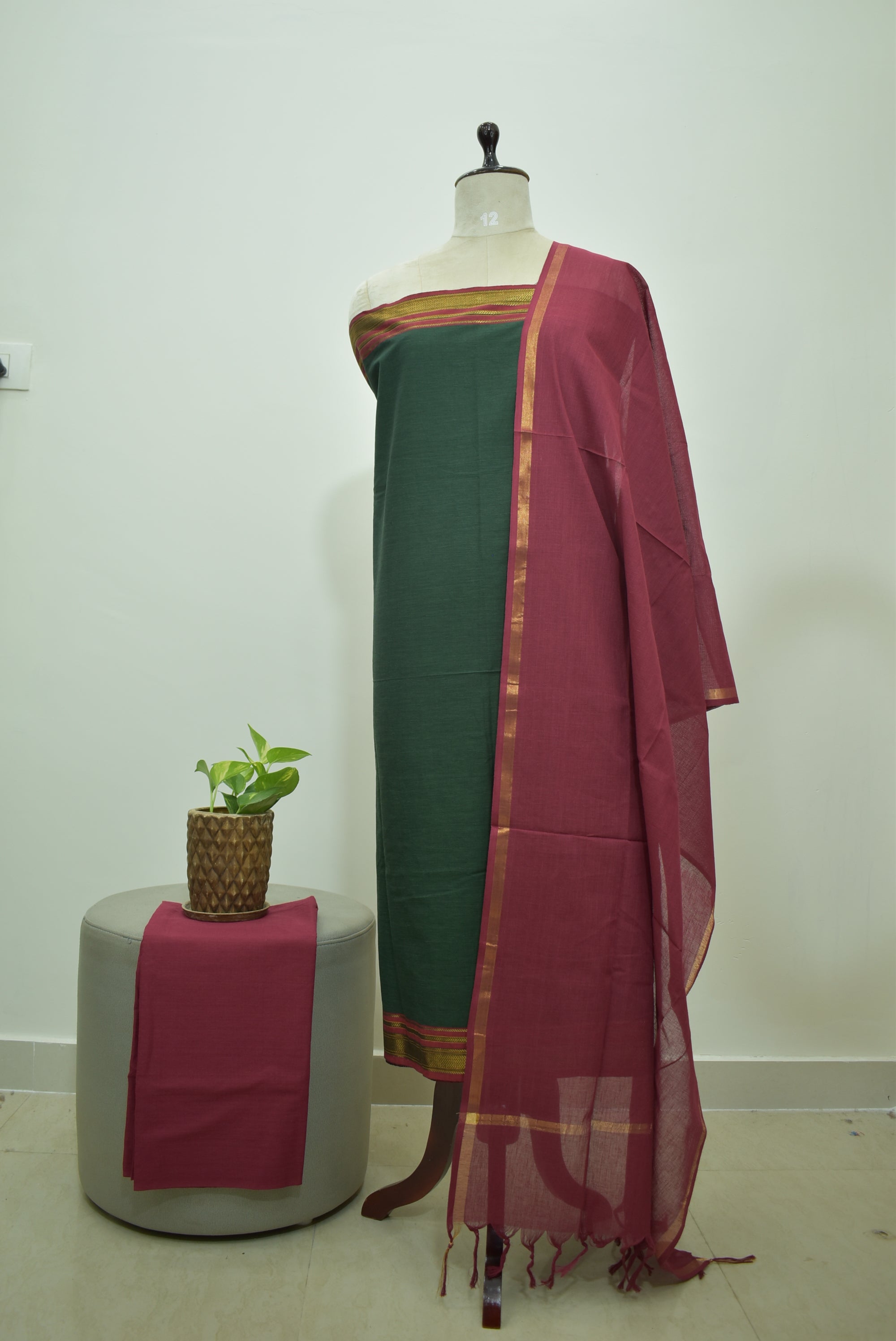 Dark Green Marron Mangalagiri Cotton 3Pcs Set