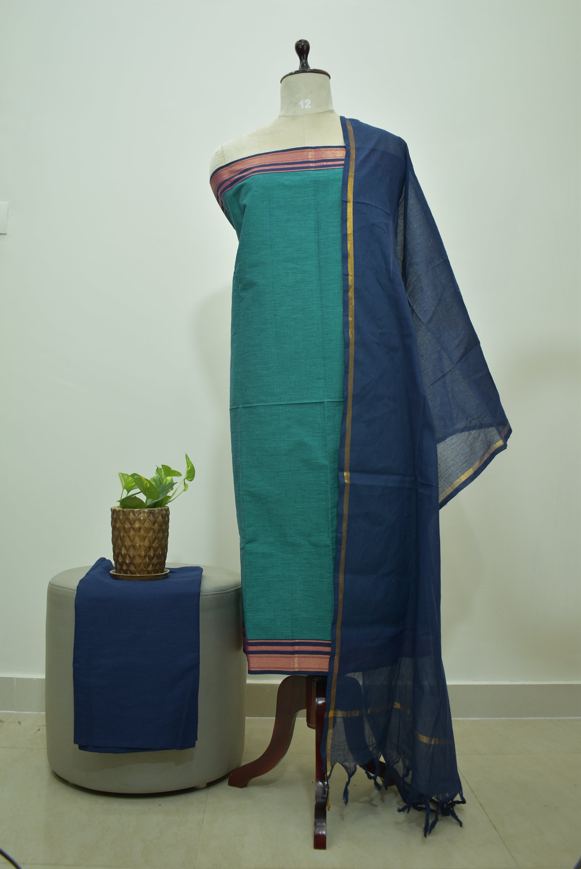 Teal Blue Mangalagiri Cotton 3Pcs Set
