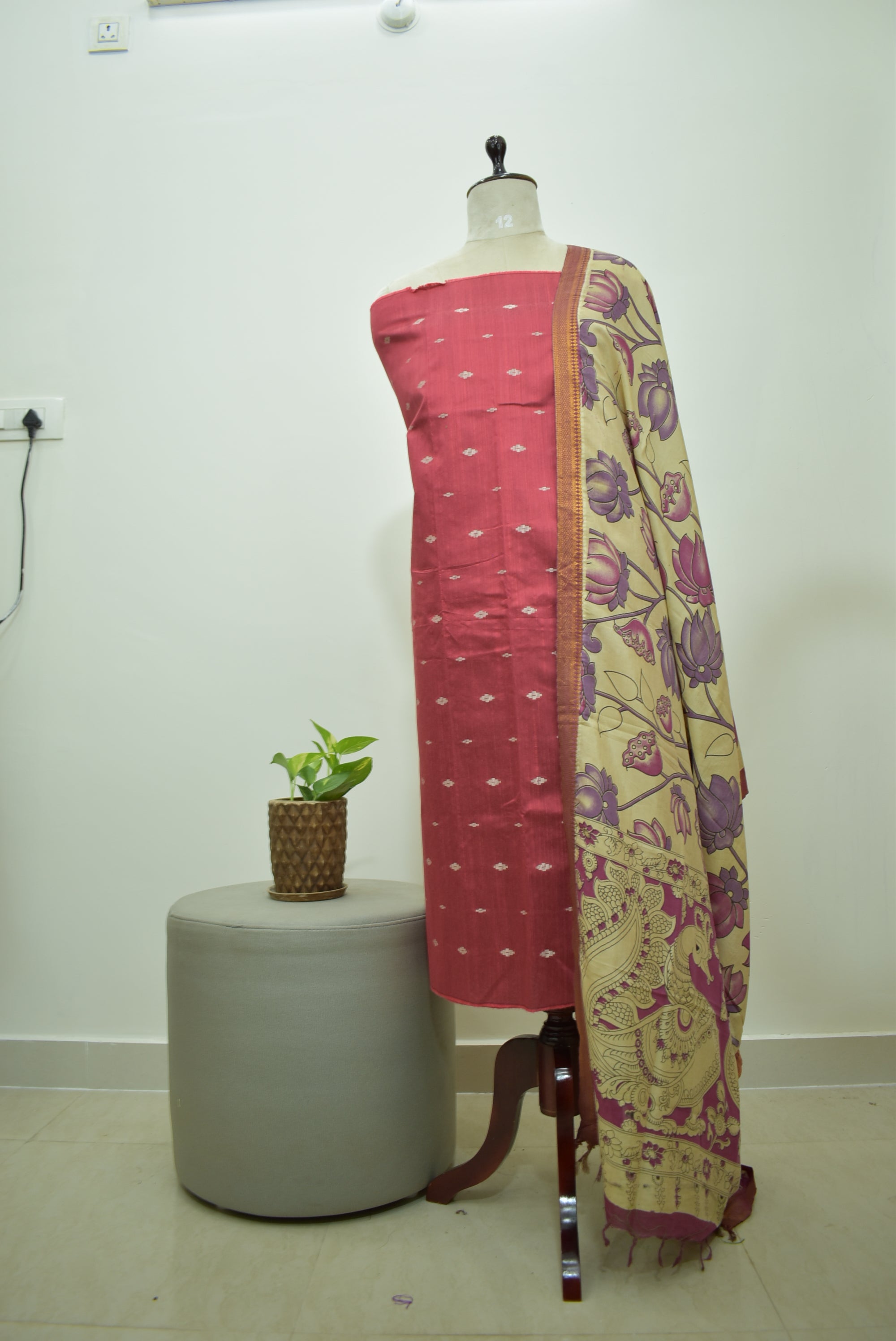 Red Beige Raw Silk 2pcs Set