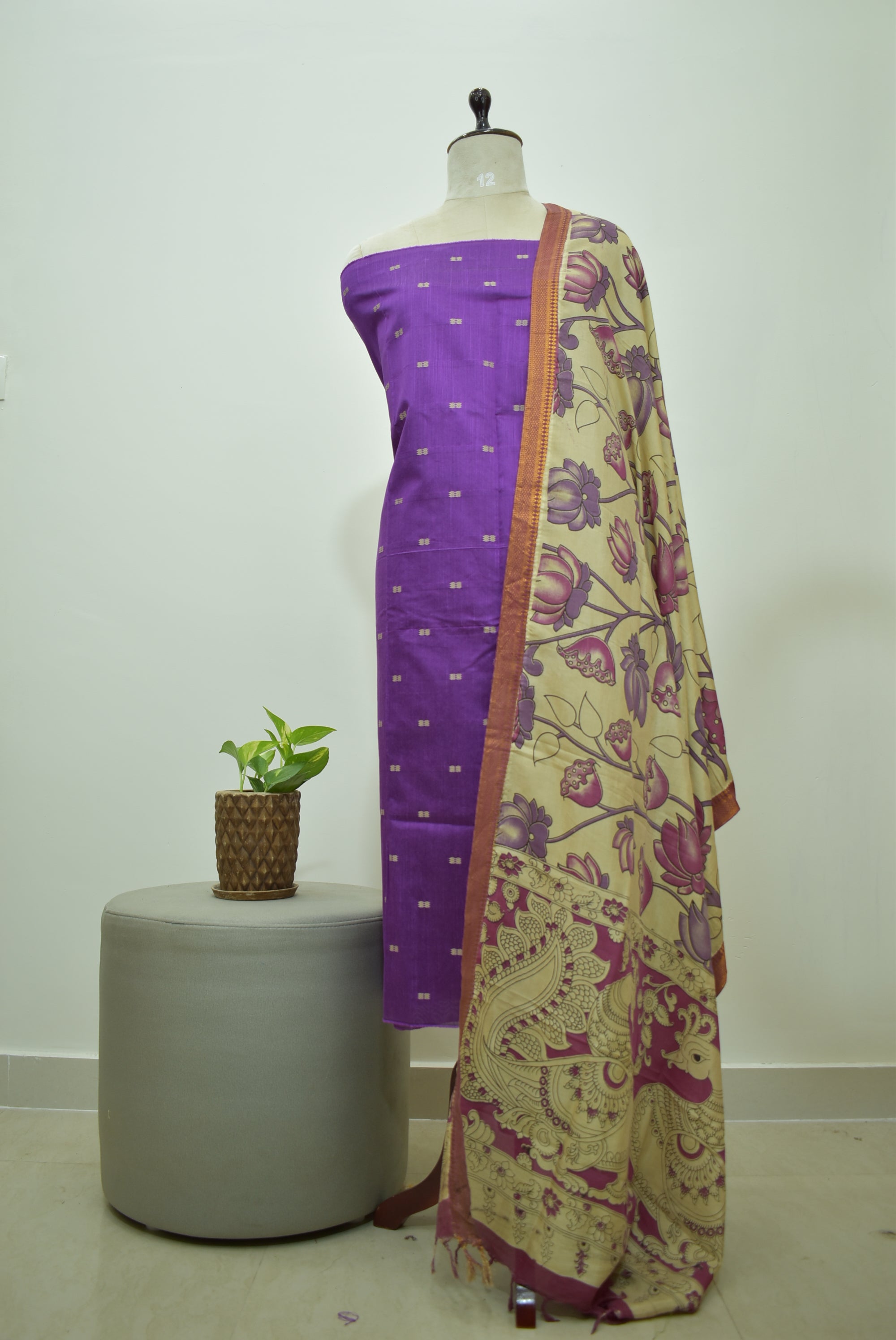 Purple Beige Raw Silk 2pcs Set