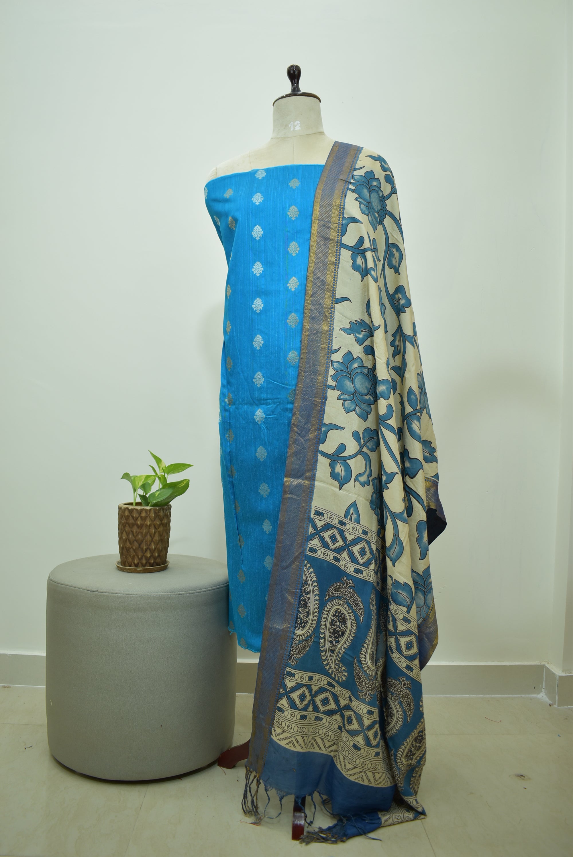 Blue Beige Raw Silk 2pcs Set