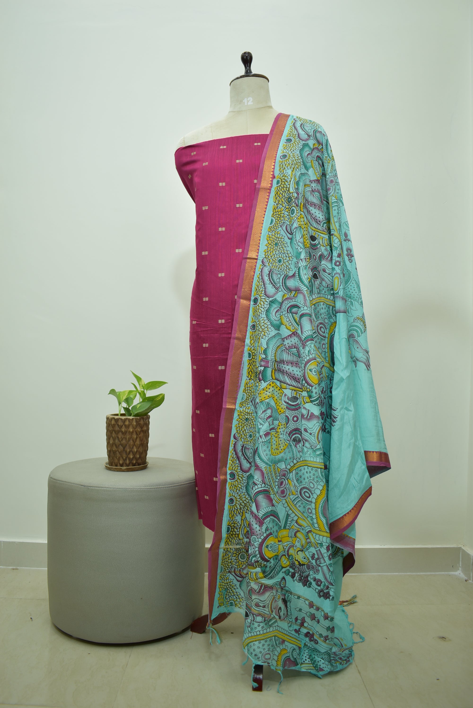 Pink Green Raw Silk 2pcs Set
