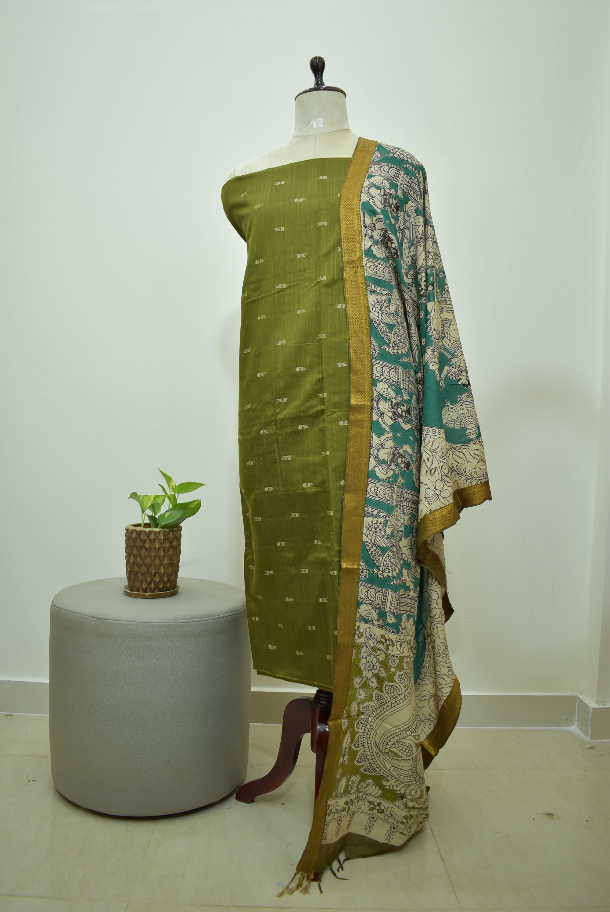Green Blue Raw Silk 2pcs Set