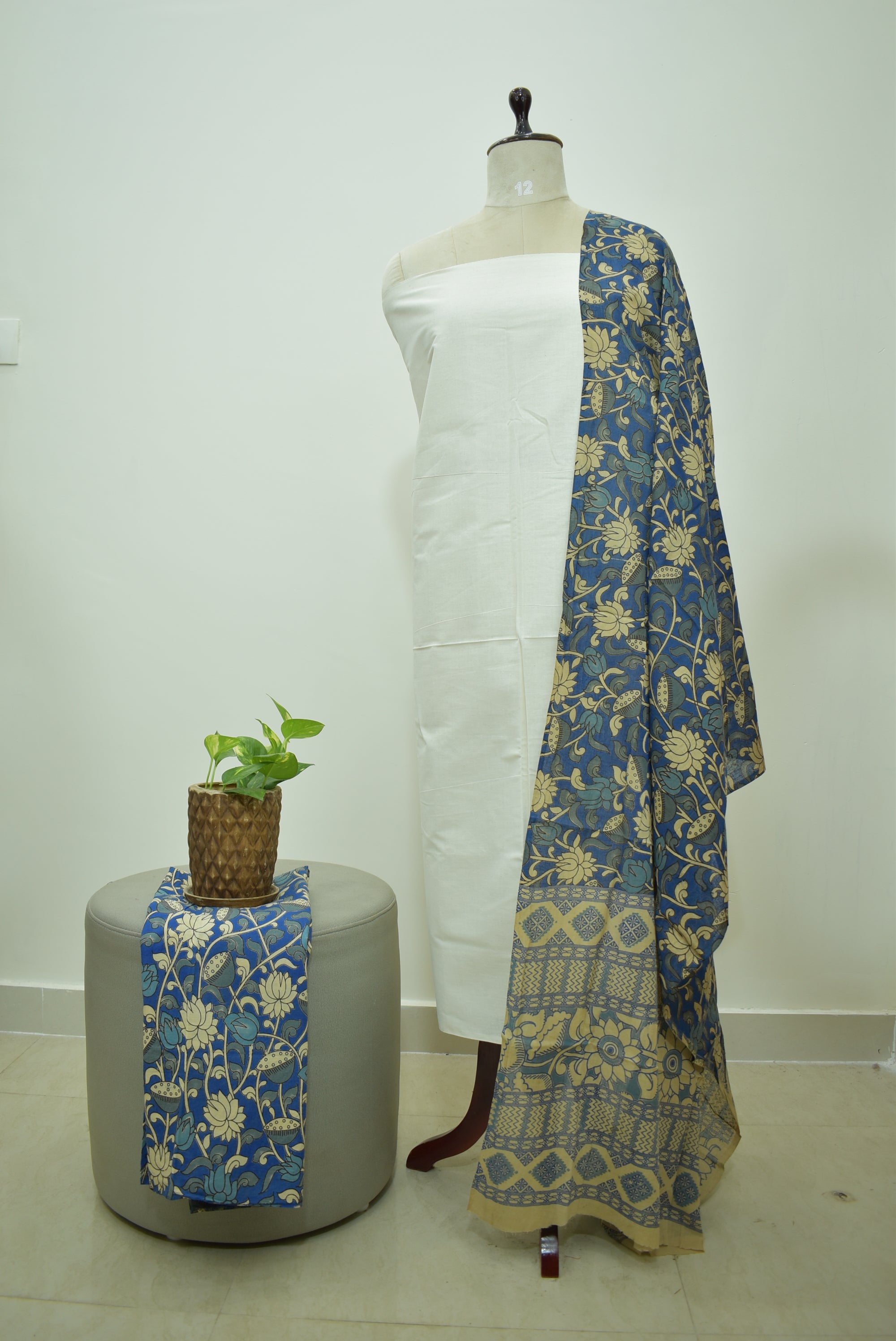 White Blue Kalamkari 3pcs Set