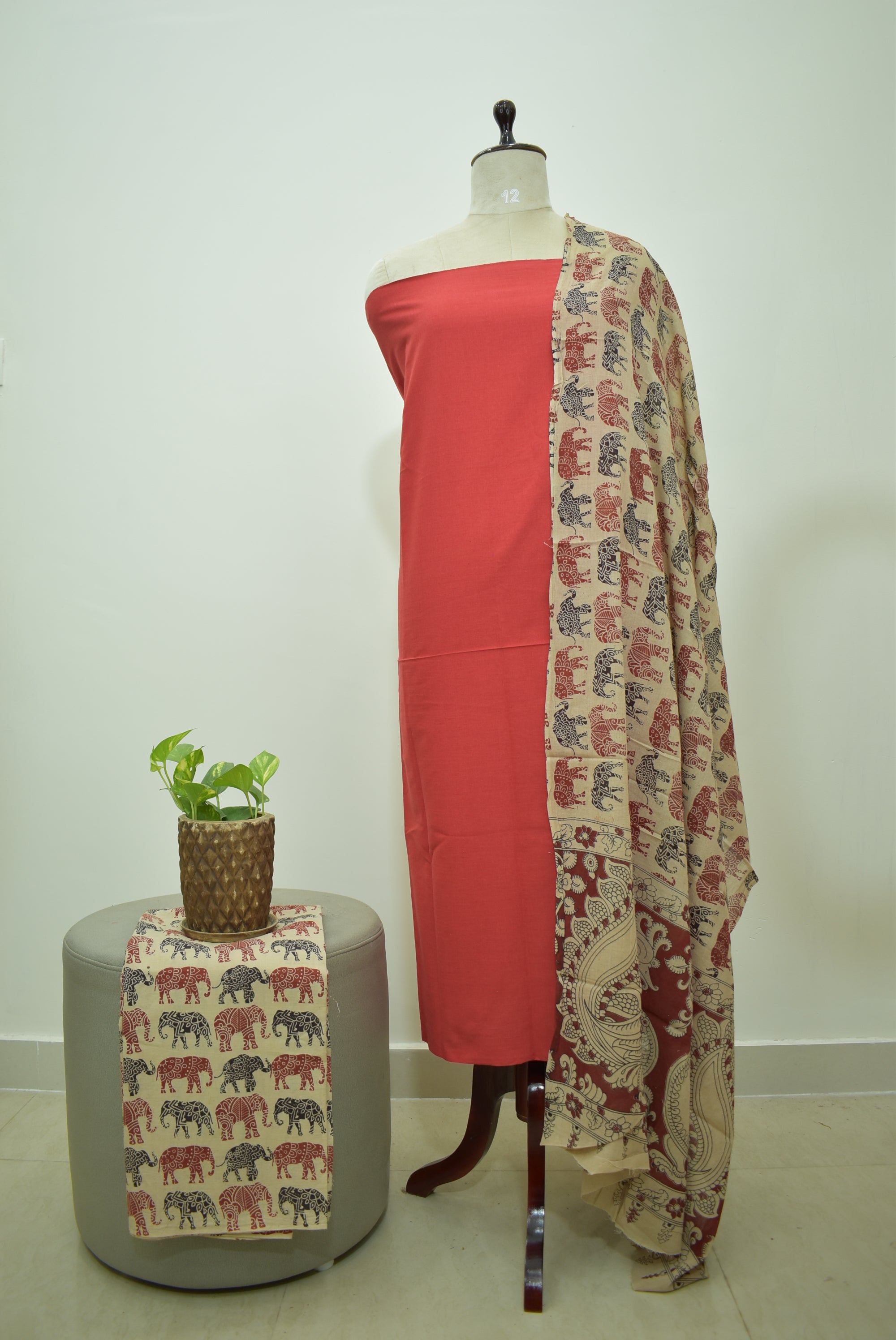 Red Beige Kalamkari 3pcs Set